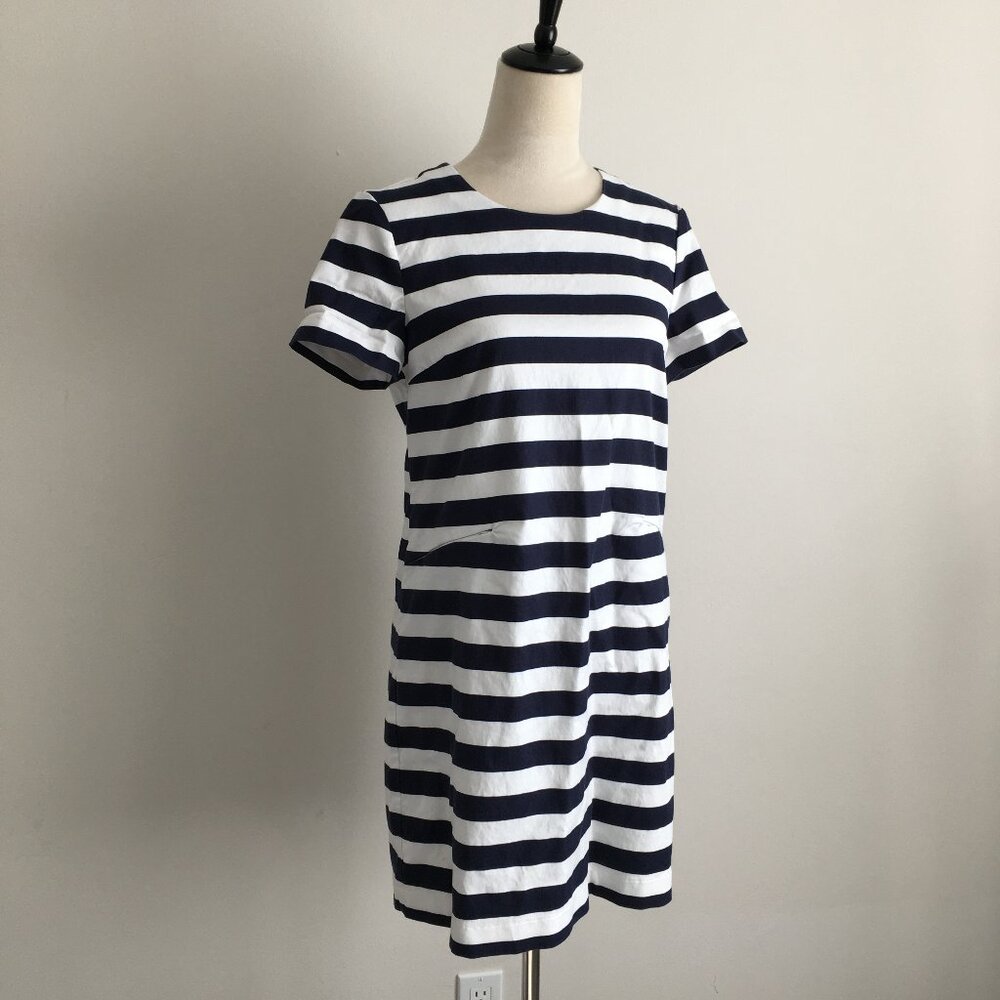 DRAPER JAMES Navy Blue White Striped Short Sleeve Dress